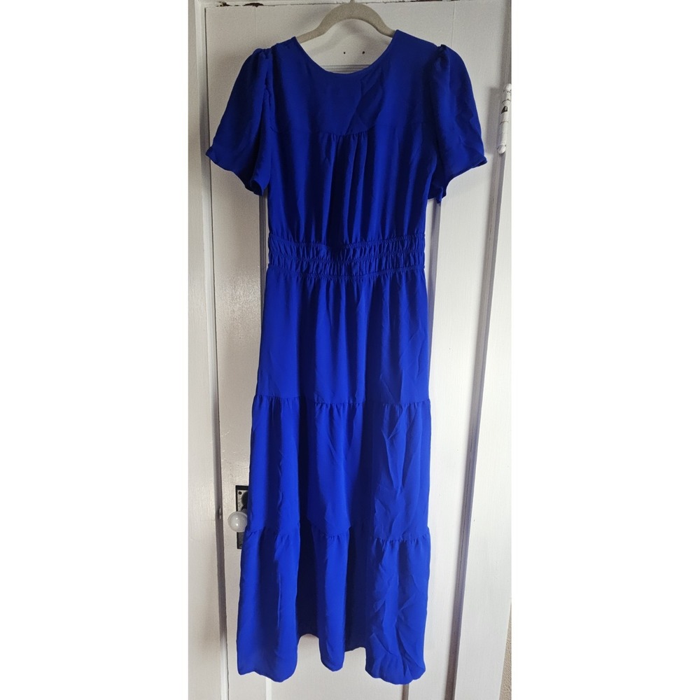 NWT monteau womans L royal blue smocked waist tiered maxi‎ dress flutter sleeves - Picture 3 of 9